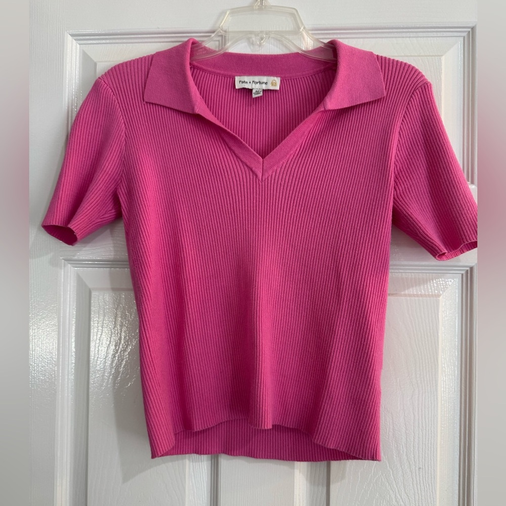 Fate + Fortune Pink Ribbed V-Neck Polo Top
